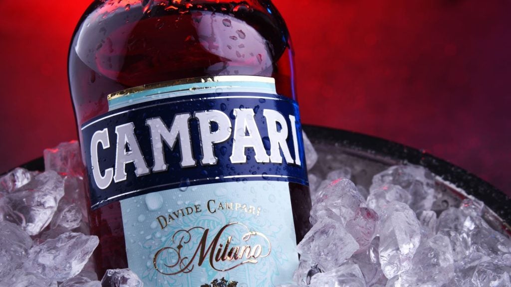 Bottle of Campari, an alcoholic liqueur containing herbs and fruit.