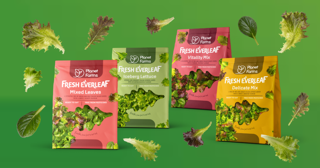 A range of packaged Planet Farms salad leaves